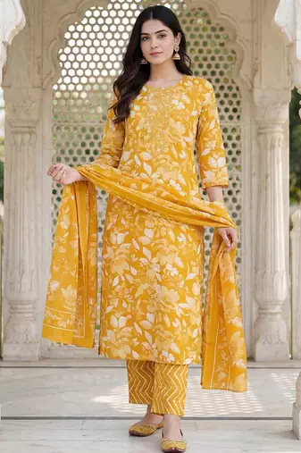 Women Floral Printed Regular Mirror Work Kurta with Trousers & With Dupatta