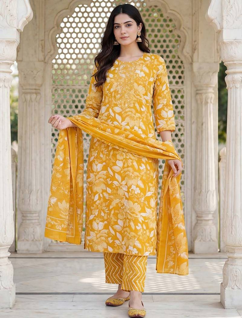 Women Floral Printed Regular Mirror Work Kurta with Trousers & With Dupatta