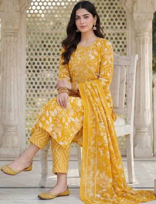 Women Floral Printed Regular Mirror Work Kurta with Trousers & With Dupatta 6