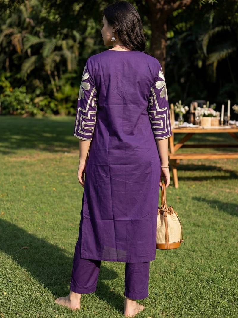 Women Embroidered Pleated Thread Work Pure Cotton Kurta with Trousers