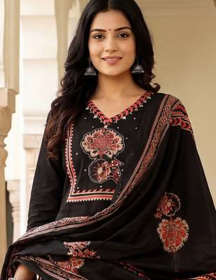 Women Ethnic Motifs Printed Regular Mirror Work Pure Cotton Kurta with Trousers & With Dupatta 1