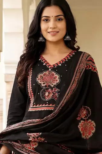 Women Ethnic Motifs Printed Regular Mirror Work Pure Cotton Kurta with Trousers & With Dupatta
