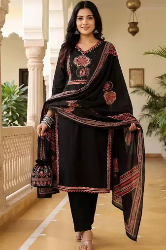 Women Ethnic Motifs Printed Regular Mirror Work Pure Cotton Kurta with Trousers & With Dupatta
