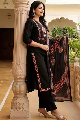 Women Ethnic Motifs Printed Regular Mirror Work Pure Cotton Kurta with Trousers & With Dupatta
