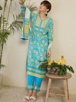 Women Floral Printed Regular Mirror Work Pure Cotton Kurta with Trousers & With Dupatta 1
