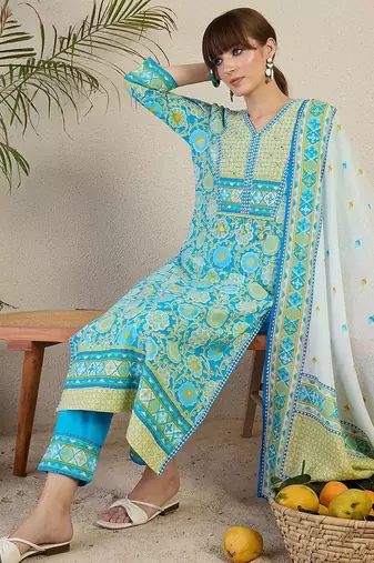 Women Floral Printed Regular Mirror Work Pure Cotton Kurta with Trousers & With Dupatta