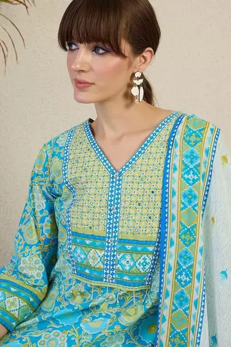 Women Floral Printed Regular Mirror Work Pure Cotton Kurta with Trousers & With Dupatta