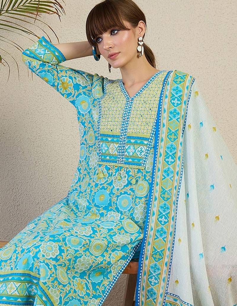 Women Floral Printed Regular Mirror Work Pure Cotton Kurta with Trousers & With Dupatta