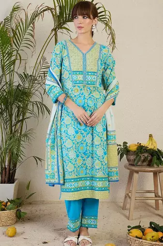 Women Floral Printed Regular Mirror Work Pure Cotton Kurta with Trousers & With Dupatta