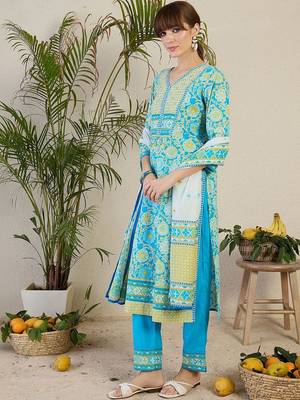 Women Floral Printed Regular Mirror Work Pure Cotton Kurta with Trousers & With Dupatta 6