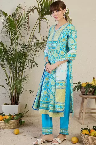 Women Floral Printed Regular Mirror Work Pure Cotton Kurta with Trousers & With Dupatta