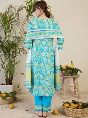 Women Floral Printed Regular Mirror Work Pure Cotton Kurta with Trousers & With Dupatta 7