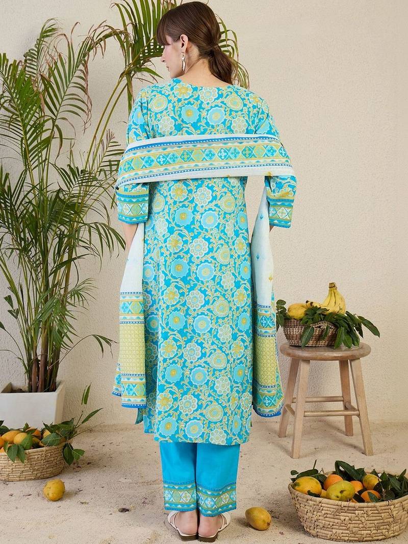Women Floral Printed Regular Mirror Work Pure Cotton Kurta with Trousers & With Dupatta