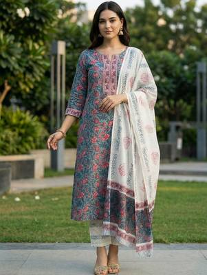 women floral printed regular thread work  cotton kurta with trousers & with dupatta 1