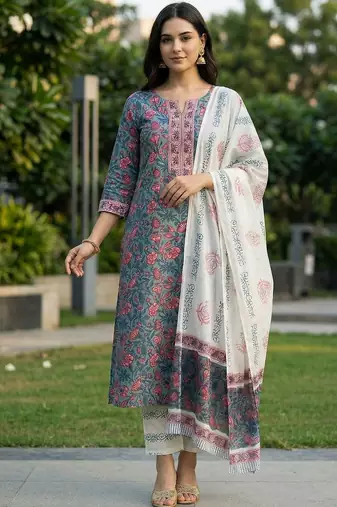 Women Floral Printed Regular Thread Work Pure Cotton Kurta with Trousers & With Dupatta