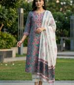 women floral printed regular thread work  cotton kurta with trousers & with dupatta