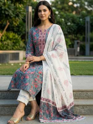 women floral printed regular thread work  cotton kurta with trousers & with dupatta 4