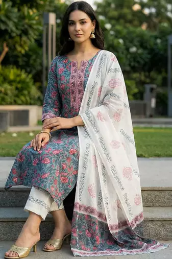 Women Floral Printed Regular Thread Work Pure Cotton Kurta with Trousers & With Dupatta