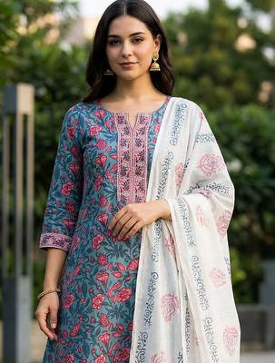 women floral printed regular thread work  cotton kurta with trousers & with dupatta 5