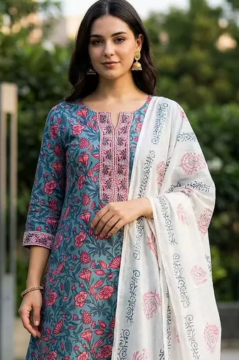 Women Floral Printed Regular Thread Work Pure Cotton Kurta with Trousers & With Dupatta