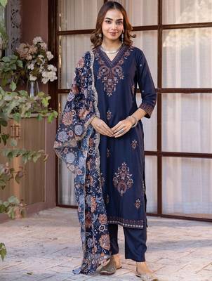 Women Ethnic Motifs Embroidered Regular Thread Work Kurta with Trousers & With Dupatta 1
