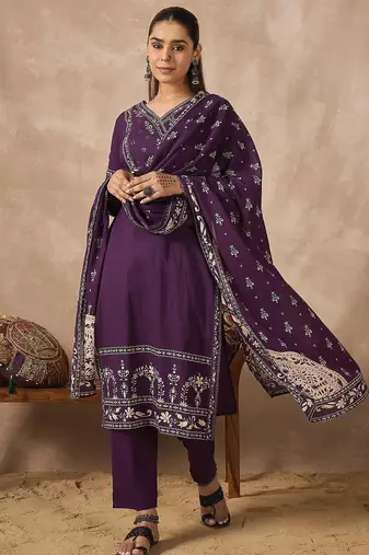 Women Ethnic Motifs Printed Angrakha Pure Cotton Kurta with Trousers & With Dupatta