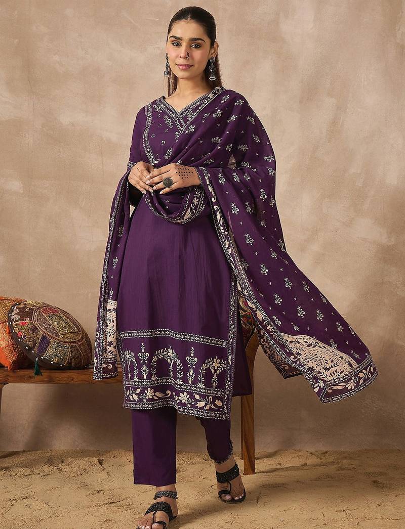 Women Ethnic Motifs Printed Angrakha Pure Cotton Kurta with Trousers & With Dupatta
