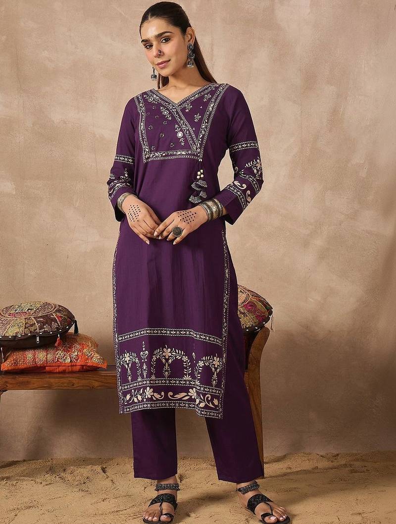 Women Ethnic Motifs Printed Angrakha Pure Cotton Kurta with Trousers & With Dupatta