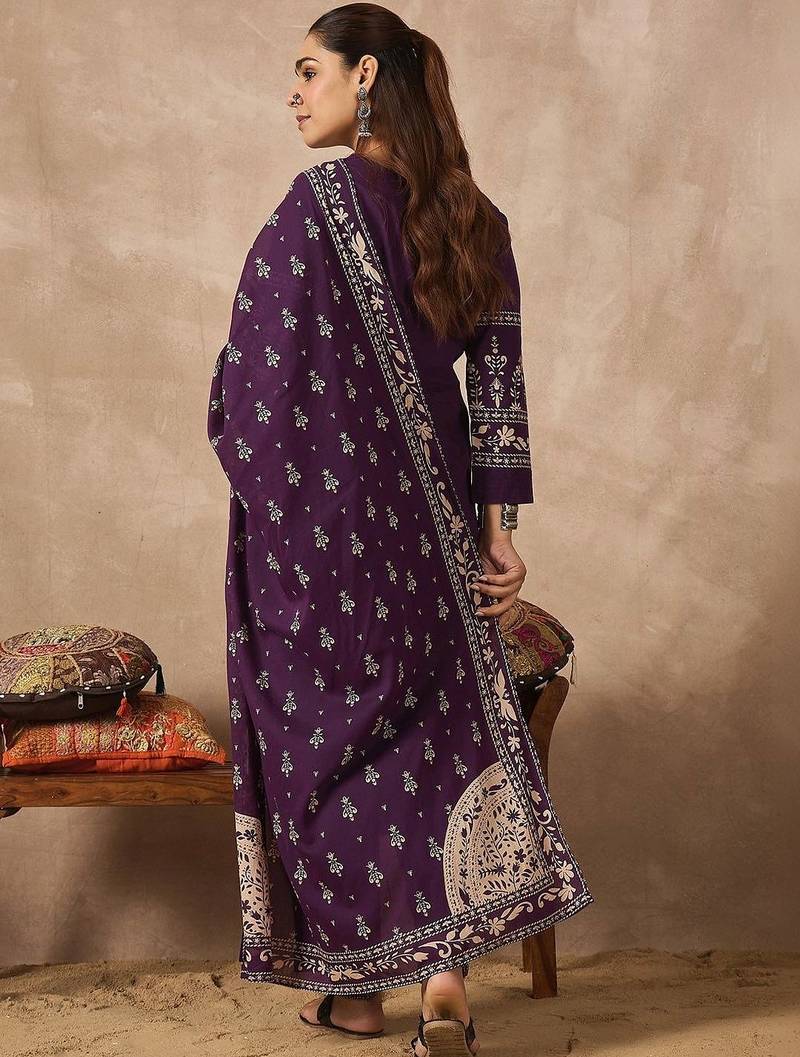 Women Ethnic Motifs Printed Angrakha Pure Cotton Kurta with Trousers & With Dupatta