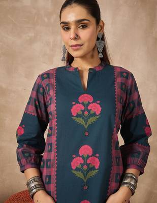 Women Floral Printed Regular Pure Cotton Kurta with Trousers 2