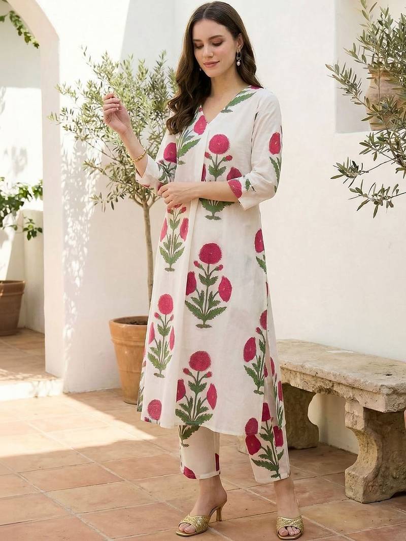 Women Floral Printed Regular Pure Cotton Kurta with Trousers