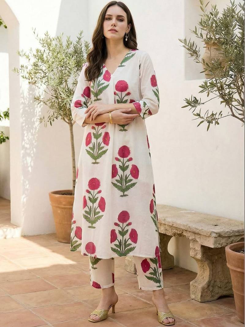 Women Floral Printed Regular Pure Cotton Kurta with Trousers