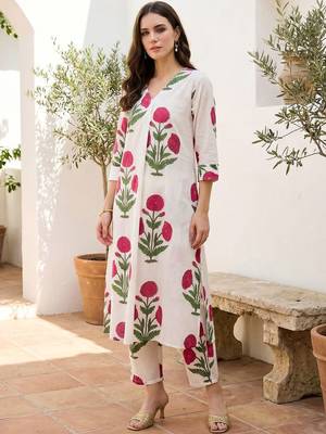 Women Floral Printed Regular Pure Cotton Kurta with Trousers 5