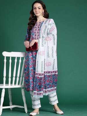 Women Floral Printed Regular Pure Cotton Kurta with Trousers & With Dupatta 1