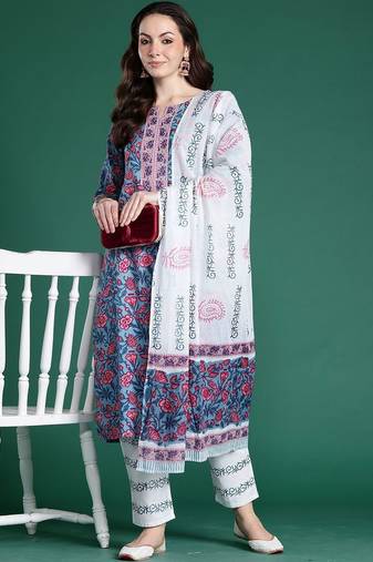 women floral printed regular  cotton kurta with trousers & with dupatta