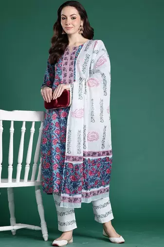 Women Floral Printed Regular Pure Cotton Kurta with Trousers & With Dupatta
