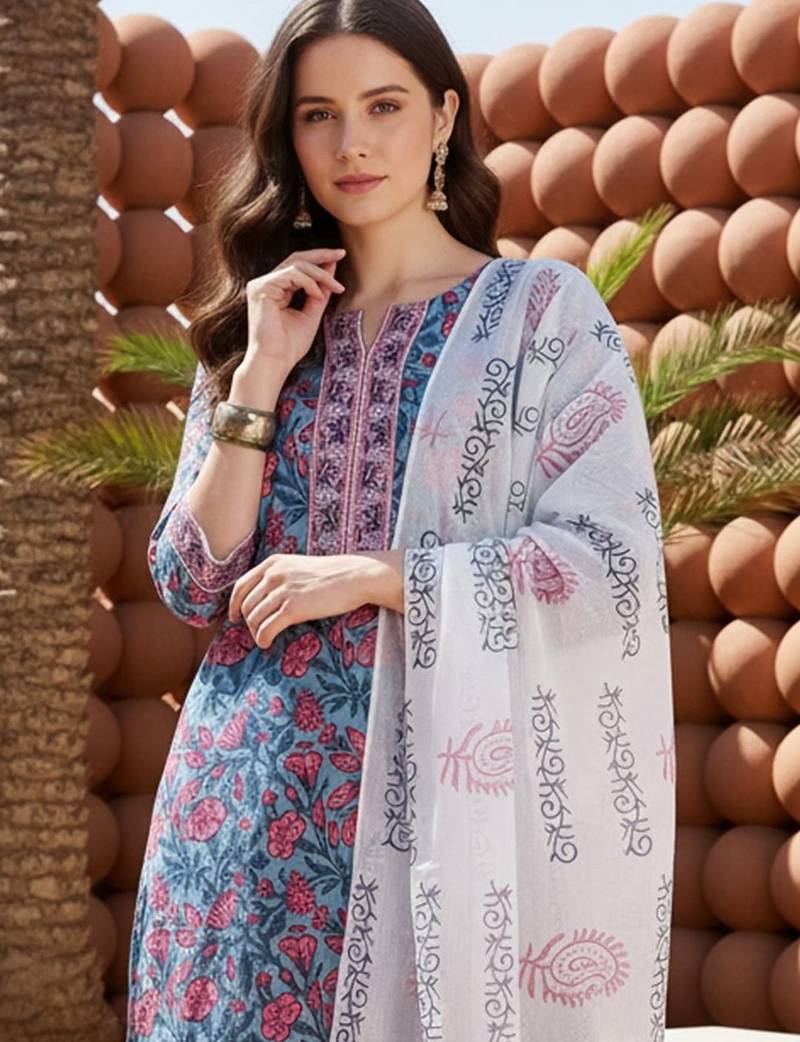 Women Floral Printed Regular Pure Cotton Kurta with Trousers & With Dupatta