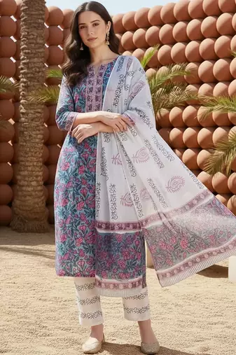 Women Floral Printed Regular Pure Cotton Kurta with Trousers & With Dupatta