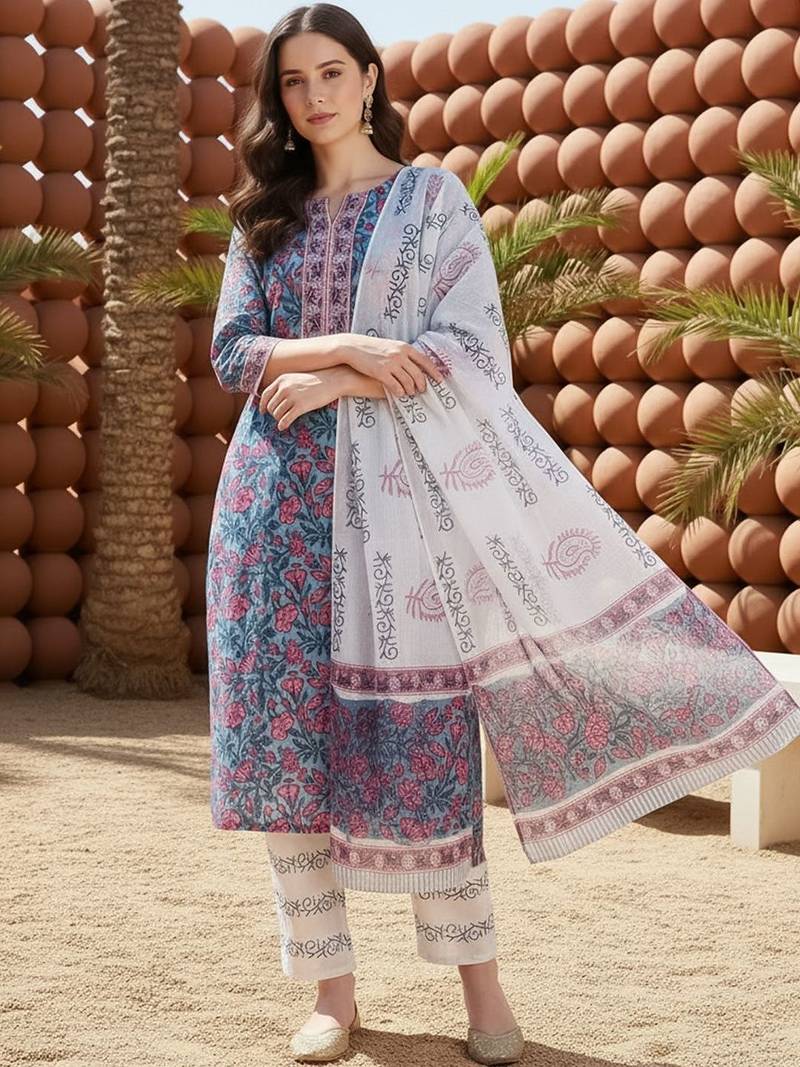 Women Floral Printed Regular Pure Cotton Kurta with Trousers & With Dupatta