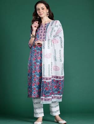 Women Floral Printed Regular Pure Cotton Kurta with Trousers & With Dupatta 4