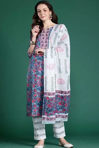 Women Floral Printed Regular Pure Cotton Kurta with Trousers & With Dupatta