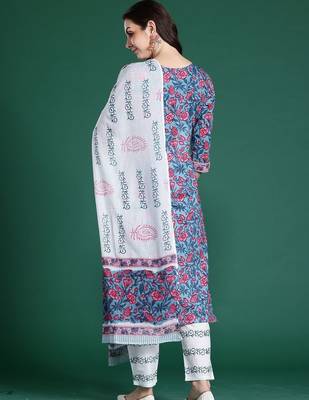 Women Floral Printed Regular Pure Cotton Kurta with Trousers & With Dupatta 5
