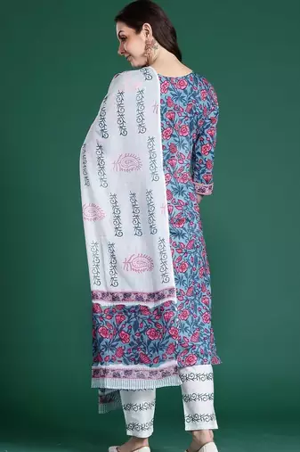 Women Floral Printed Regular Pure Cotton Kurta with Trousers & With Dupatta