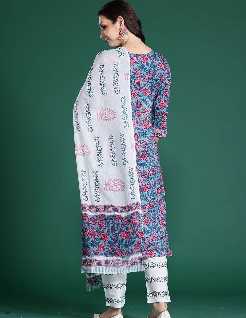 Women Floral Printed Regular Pure Cotton Kurta with Trousers & With Dupatta