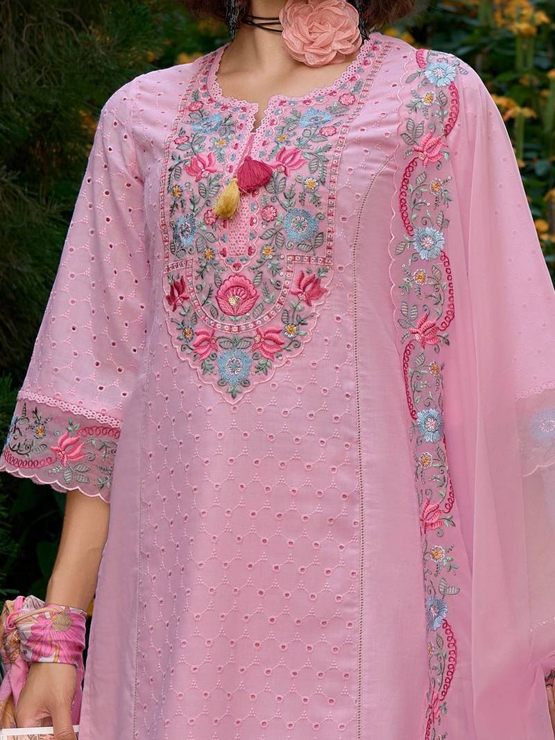 Women Floral Embroidered Regular Thread Work Pure Cotton Kurta with Trousers & With Dupatta