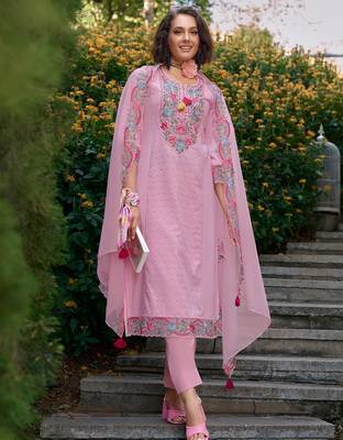 Women Floral Embroidered Regular Thread Work Pure Cotton Kurta with Trousers & With Dupatta 4