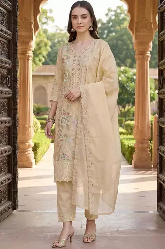 women floral embroidered regular thread work  cotton kurta with trousers & with dupatta