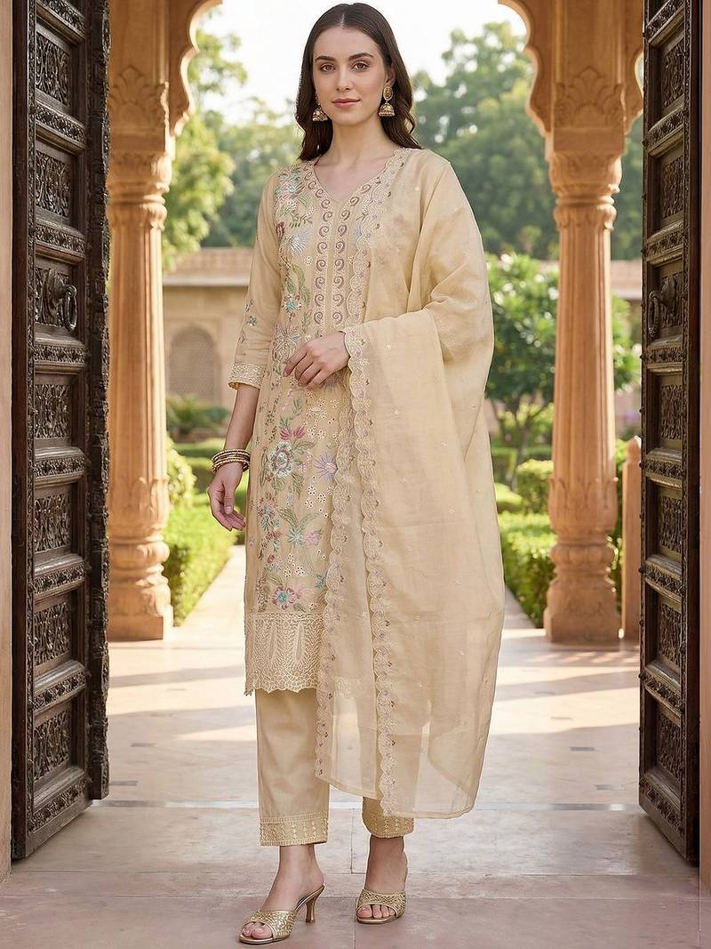 Women Floral Embroidered Regular Thread Work Pure Cotton Kurta with Trousers & With Dupatta