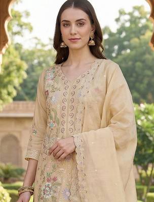 Women Floral Embroidered Regular Thread Work Pure Cotton Kurta with Trousers & With Dupatta 2