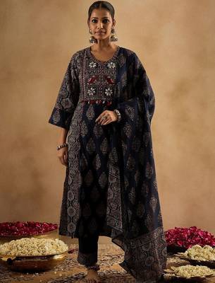 Women Ethnic Motifs Printed Regular Mirror Work Pure Cotton Kurta with Trousers & With Dupatta 1